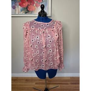 Lucky Brand Pink Floral Ruffle Blouse Boho Peasant Top Long Sleeve Size L